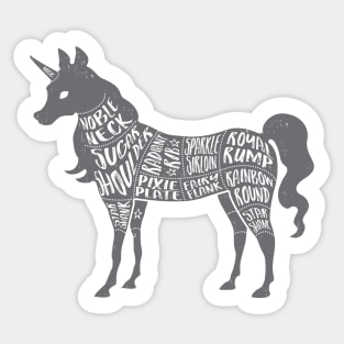 Unicorn - Fantasy Butcher Cuts of Meat - Gray on Black Sticker